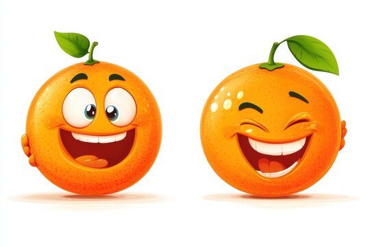 Charming vector illustration of two smiling tangerines with expressive faces and green leaves, symbolizing joy, freshness, and playfulness