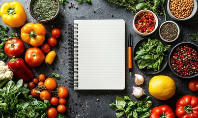 Create delicious recipes with fresh vegetables and herbs on a blank spiral notebook