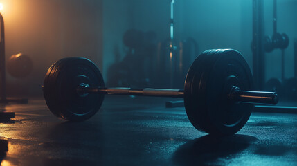 Fototapeta premium Sprzęt do treningu siłowego, w tym sztanga i obciążenia, leży na podłodze siłowni w przyciemnionym oświetleniu.