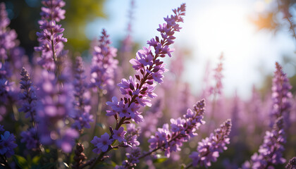 Obraz premium Close Up on Delicate and Vibrant Purple Flowers in Bright Sunlight : Generative AI