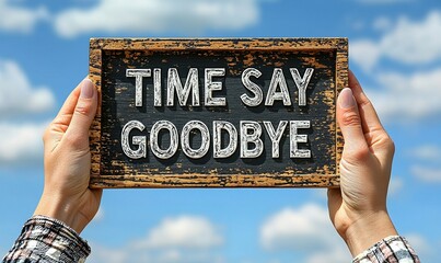 Hands holding a farewell sign against a beautiful blue sky with clouds