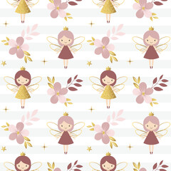 Seamless pattern with cute fairies and flowers. Fairy tale springtime background in pastel colors. Cartoon patterns.