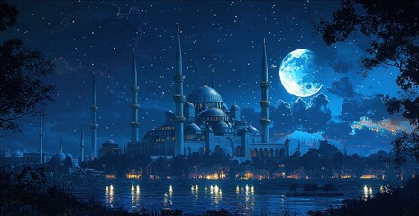 Obraz premium Majestic mosque illuminated at night with multiple spires under a starry sky