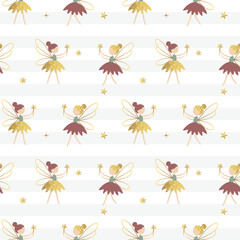 Seamless pattern with cute fairies and shining golden stars. Gentle childish background