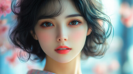 Elegant Portrait of Beautiful Japanese Woman with Short Hair in Blossom Setting