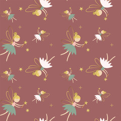 Seamless pattern with cute fairies and shining golden stars. Gentle childish background