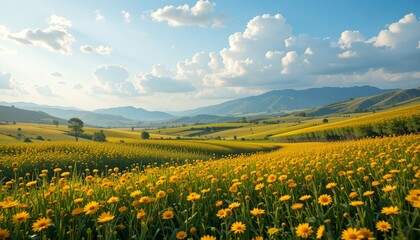 Fototapeta premium Vast Yellow Flower Field Under Blue Sky