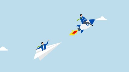 Leadership to win business competition, 4k animation of entrepreneur traveling swiftly in rocket to outpace rival origami aircraft. 
