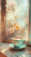 A cup of coffee on the table, the window is framed by an old wooden frame, the background is a photograph of warm tones, the color palette is blue, green, brown.