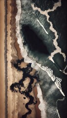 A vertical aerial view of an oil spill polluting the shoreline, with dark, oily streaks spreading across the sand and into the ocean, highlighting environmental damage.