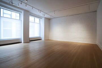 Minimalist Empty Modern Room with White Brick Wall and Warm Wooden Floor