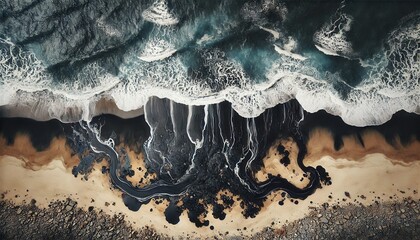 A horizontal aerial view of a polluted shoreline covered with dark oil streaks and foam, illustrating the aftermath of an environmental disaster caused by an oil spill.