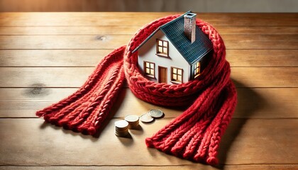 A miniature house wrapped in a red scarf on a wooden table with coins nearby, symbolizing warmth, insulation, energy efficiency, and heating expenses during winter.