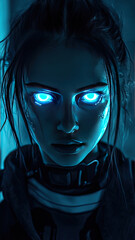 Cyberpunk Young Woman with Neon-Blue Cybernetic Implants and Glowing Eyes