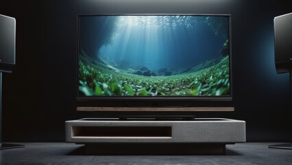 Fototapeta premium a modern TV is in a dark room