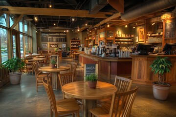 Rustic Coffee Shop Interior with Wooden Furniture, Potted Plants, and Warm Lighting