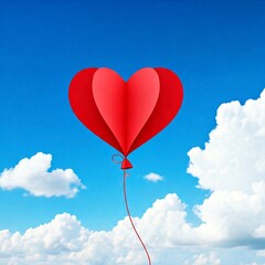 Fototapeta premium heart shaped paper balloon. Various gift boxes floating among paper clouds love concept All made of paper, Origami made red hot air balloon float in the air, paper art design and craft style.