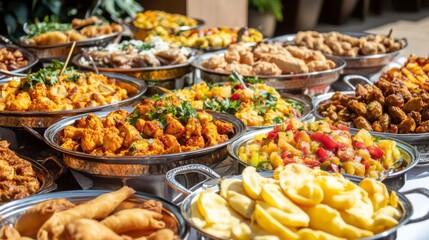 Obraz premium Colorful Array of Delicacies Displayed on a Table for an Outdoor Feast, Featuring Savory Dishes, Fresh Ingredients, and Vibrant Presentation for Culinary Enthusiasts