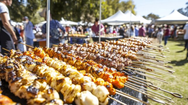 Colorful and Delicious Grilled Skewers at an Outdoor Food Festival with Busy Crowds and Tents in the Background Capturing a Joyful Culinary Experience