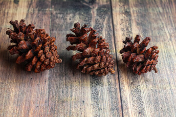 a bunch of dried pine cones on an abstract patterned wooden board