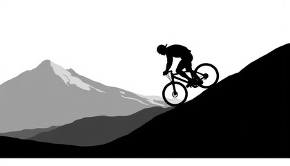 Obraz premium Mountain biker navigating a challenging ascent at dusk against a mountainous backdrop