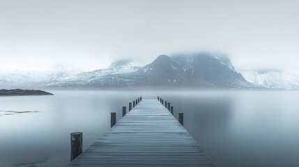 Naklejka premium wooden dock way to horizon in foggy morning, minimalism style background with copy space