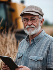Elderly farmer uses tablet to manage crops beside vibrant fields