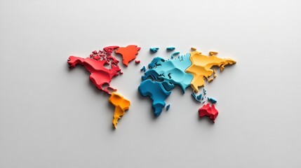 An artistic map of the world featuring continents in varied colors is shown embossed on a neutral surface, evoking global diversity and connection in a conceptual style.