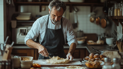 Man skillfully prepares cake dough in a rustic kitchen setting before baking
