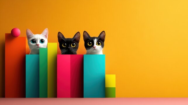 Three curious cats in white, black, and tuxedo colors emerge from vibrant bar graphs, creating a delightful and whimsical portrayal of feline curiosity and playfulness.