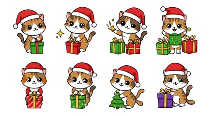 cat vector kitten christmas santa claus hat gift box calico icon neko pet cartoon character munchkin illustration symbol clip art isolated