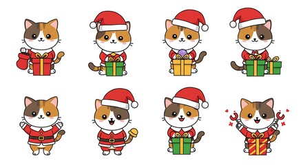 cat vector kitten christmas santa claus hat gift box calico icon neko pet cartoon character munchkin illustration symbol clip art isolated
