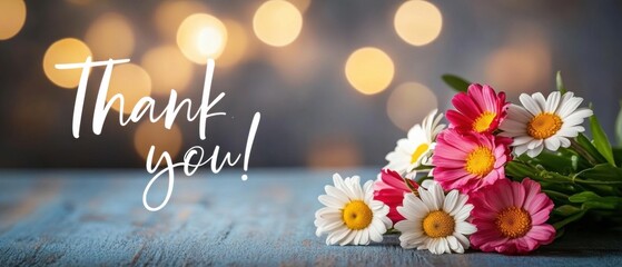 Naklejka premium Beautiful Thank You Bouquet of Pink and White Daisies on Wooden Table
