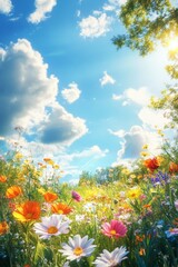 Vibrant wildflower field under a sunny sky with fluffy clouds in springtime