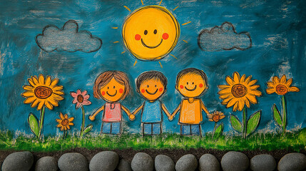 Happy doodle stick mans family in summer park. Hand drawn family members. 