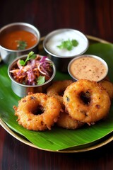 Fototapeta premium Traditional South Indian Medu Vada Platter with Coconut Chutney, Sambar, and Rustic Brass Plate Styling