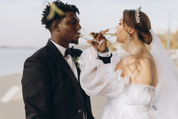 Interracial Couple Drinking Champagne at Wedding Reception