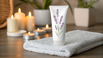 Spa relaxation scene, white tube with lavender design, placed on towel, warm candlelight ambiance
