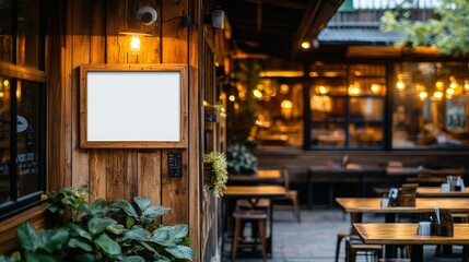 A Blank White Square Sign Mockup Hanging on the Wall of an Outdoor Cafe at Night: Urban Design, Cafe Branding, Outdoor Advertising, Cityscape Atmosphere, Restaurant Signage