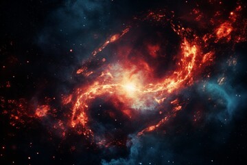 A spiraling galaxy featuring a fiery black hole at its core in a cosmic dance of light
