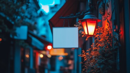Obraz premium A Blank White Square Sign Mockup Hanging on the Wall of an Outdoor Cafe at Night: Urban Design, Cafe Branding, Outdoor Advertising, Cityscape Atmosphere, Restaurant Signage