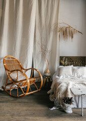 Cozy boho bedroom with modern design elements for relaxation and comfort © brizmaker