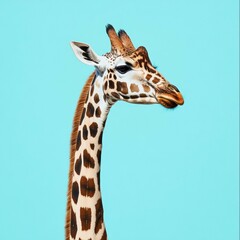 Naklejka premium Giraffe portrait against a blue background. AI.