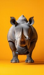 Obraz premium A rhinoceros stands facing the camera against a vibrant yellow background. AI.
