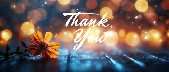 Naklejka premium Glowing Thank You Card with Orange Flower and Bokeh Lights