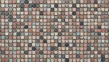 An abstract mosaic-like pattern with small, irregular shapes in muted colors like dusty rose, sage green, and charcoal, arranged in a harmonious, seamless design, with a slightly worn, vintage texture