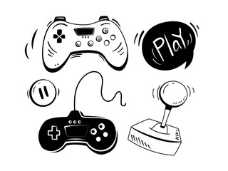 Gaming icons in black and white, including controllers, joystick, play button, and pause symbol. Minimalist design with retro and modern elements. Set of vector illustrations isolated on white © Rudzhan