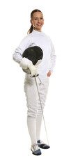 Smiling fencer with protective mask and epee on white background