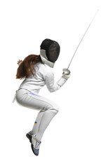 Fencer with epee practicing on white background