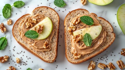 Heart-shaped peanut butter toast with apple, walnuts, and mint.